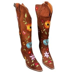 Women’s Dingo Flower Power Cowboy Boots Super Tall Suede Stacked Heel Snip Toe 9